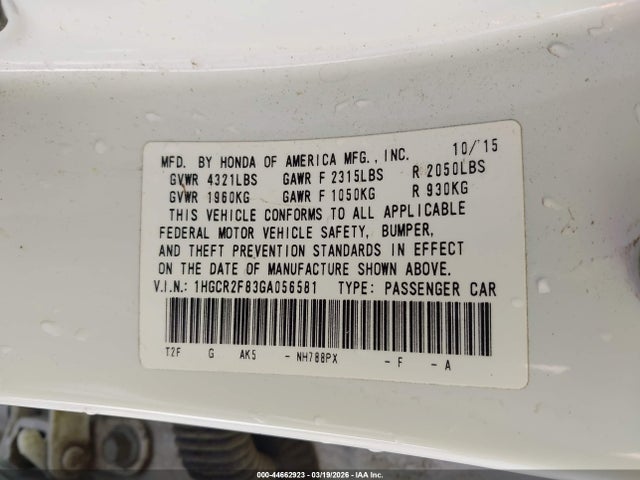 1HGCR2F83GA056581 Honda Accord Ex-l