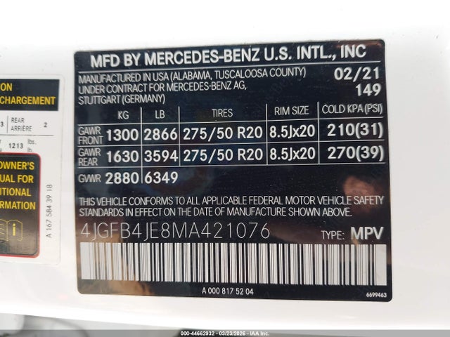 Продаж на аукціоні авто 2021 Mercedes-benz Gle 350, vin: 4JGFB4JE8MA421076, номер лоту: 44662932
