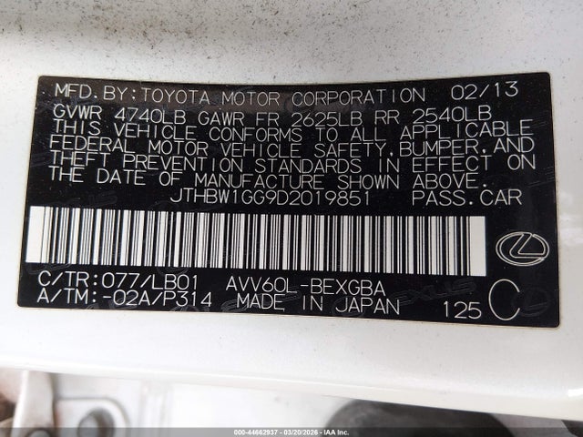 Aukcja sprzedaży 2013 Lexus Es 300h, vin: JTHBW1GG9D2019851, numer aukcji: 44662937