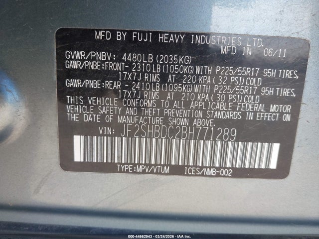 2011 Subaru Forester 2.5x Premium მანქანა იყიდება აუქციონზე, vin: JF2SHBDC2BH771289, აუქციონის ნომერი: 44662943