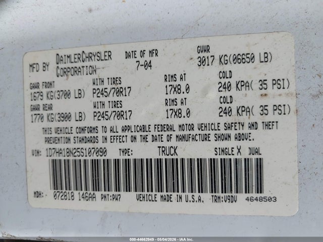 44662949 :رقم المزاد ، 1D7HA18N25S107090 vin ، 2005 Dodge Ram 1500 Slt/laramie مزاد بيع