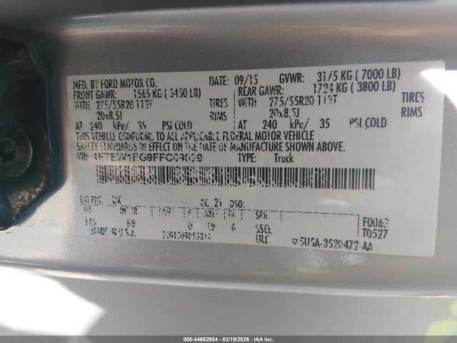 Продаж на аукціоні авто 2015 Ford F-150 Lariat, vin: 1FTEW1EG9FFC69099, номер лоту: 44662954