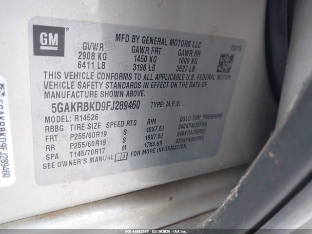 Aukcja sprzedaży 2015 Buick Enclave Leather, vin: 5GAKRBKD9FJ289460, numer aukcji: 44662955