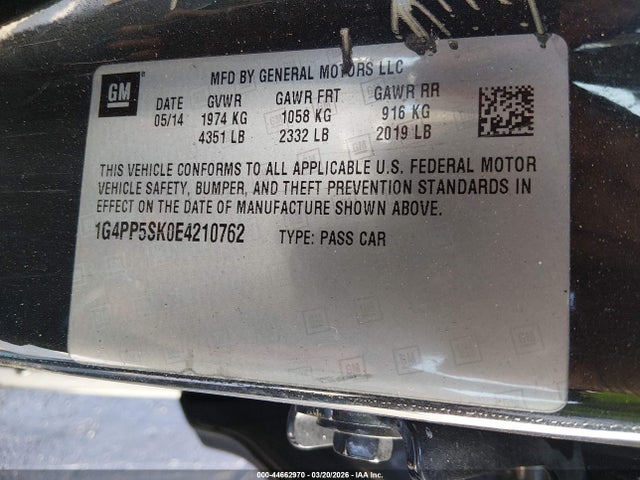 44662970 :رقم المزاد ، 1G4PP5SK0E4210762 vin ، 2014 Buick Verano مزاد بيع
