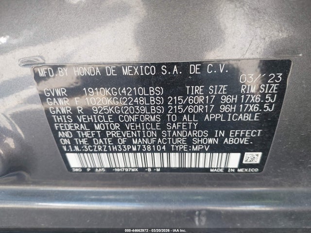 Aukcja sprzedaży 2023 Honda Hr-v 2wd Lx, vin: 3CZRZ1H33PM738104, numer aukcji: 44662972