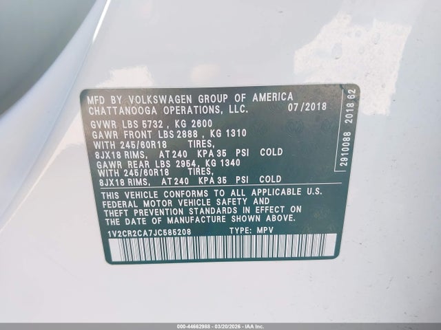 Aukcja sprzedaży 2018 Volkswagen Atlas 3.6l V6 Se, vin: 1V2CR2CA7JC585208, numer aukcji: 44662988