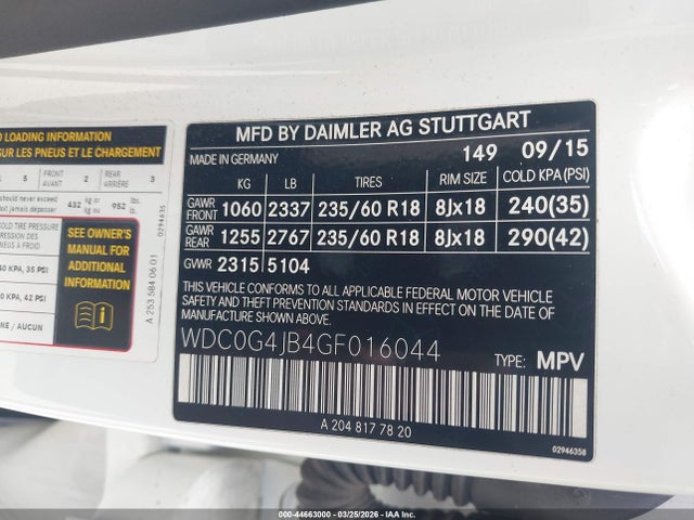 Aukcja sprzedaży 2016 Mercedes-benz Glc 300, vin: WDC0G4JB4GF016044, numer aukcji: 44663000