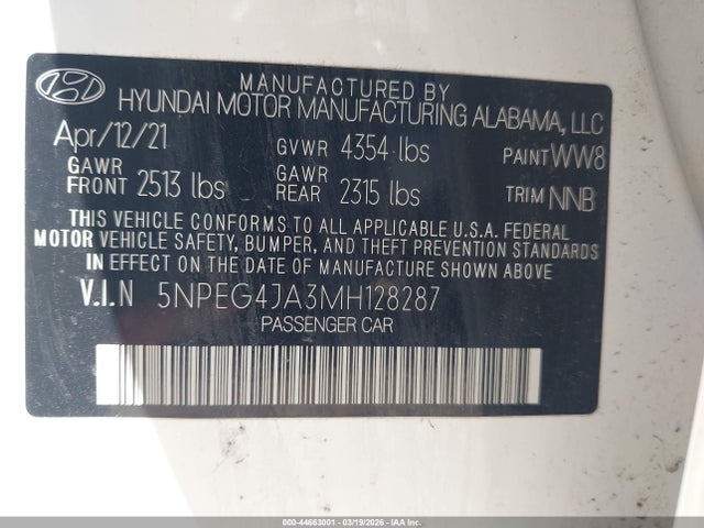 Продаж на аукціоні авто 2021 Hyundai Sonata Se, vin: 5NPEG4JA3MH128287, номер лоту: 44663001