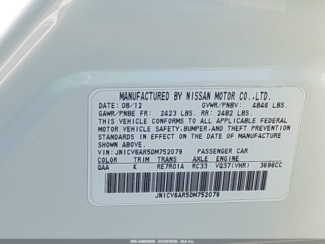 44663008 :رقم المزاد ، JN1CV6AR5DM752079 vin ، 2013 Infiniti G37x مزاد بيع