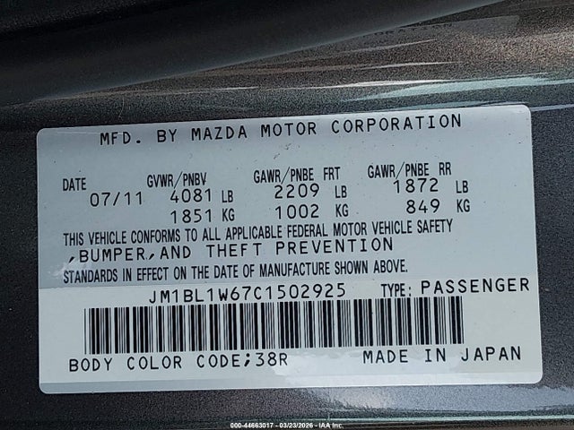 Aukcja sprzedaży 2012 Mazda 3 S, vin: JM1BL1W67C1502925, numer aukcji: 44663017