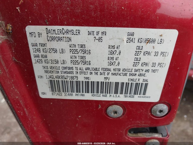 2005 Jeep Liberty Sport მანქანა იყიდება აუქციონზე, vin: 1J4GL48K85W718879, აუქციონის ნომერი: 44663018