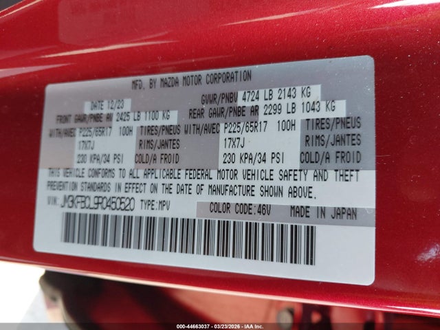 44663037 :رقم المزاد ، JM3KFBCL9R0450520 vin ، 2024 Mazda Cx-5 2.5 S Preferred مزاد بيع