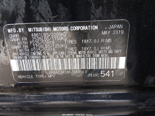 Продаж на аукціоні авто 2019 Mitsubishi Outlander Es, vin: JA4AZ3A38KZ054563, номер лоту: 44663047