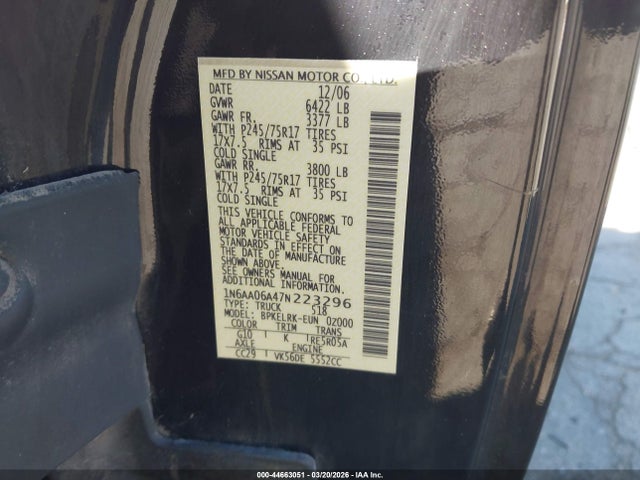 Продаж на аукціоні авто 2007 Nissan Titan Xe, vin: 1N6AA06A47N223296, номер лоту: 44663051