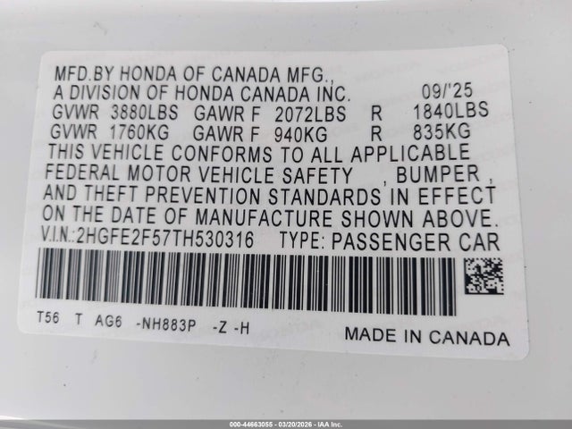 Продаж на аукціоні авто 2026 Honda Civic Sport, vin: 2HGFE2F57TH530316, номер лоту: 44663055