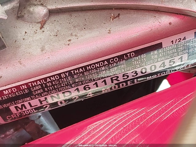 MLHND1611R5300451 Honda Crf300 L