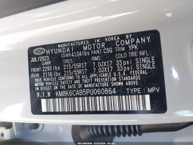 2023 Hyundai Kona Sel მანქანა იყიდება აუქციონზე, vin: KM8K6CAB5PU060864, აუქციონის ნომერი: 44663086