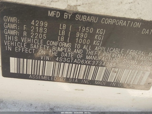 Aukcja sprzedaży 2019 Subaru Impreza 2.0i Premium, vin: 4S3GTAD6XK3734365, numer aukcji: 44663092