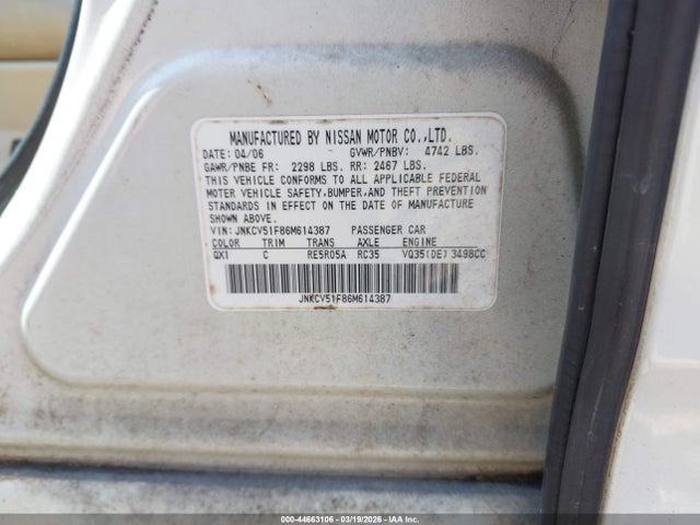 2006 Infiniti G35x მანქანა იყიდება აუქციონზე, vin: JNKCV51F86M614387, აუქციონის ნომერი: 44663106