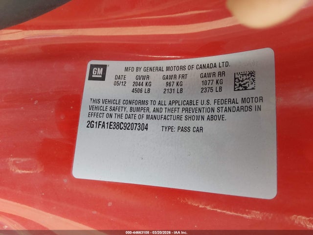 44663108 :رقم المزاد ، 2G1FA1E38C9207304 vin ، 2012 Chevrolet Camaro 2ls مزاد بيع
