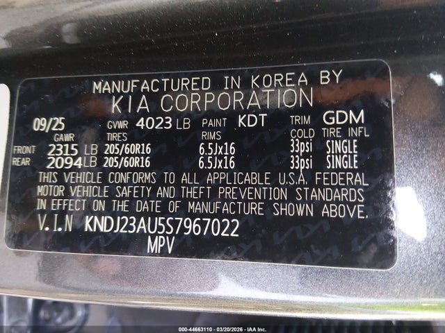 2025 Kia Soul Lx მანქანა იყიდება აუქციონზე, vin: KNDJ23AU5S7967022, აუქციონის ნომერი: 44663110