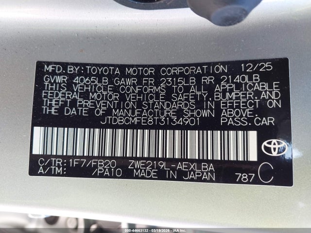 JTDBCMFE8T3134901 Toyota Corolla Hybrid Hybrid Le