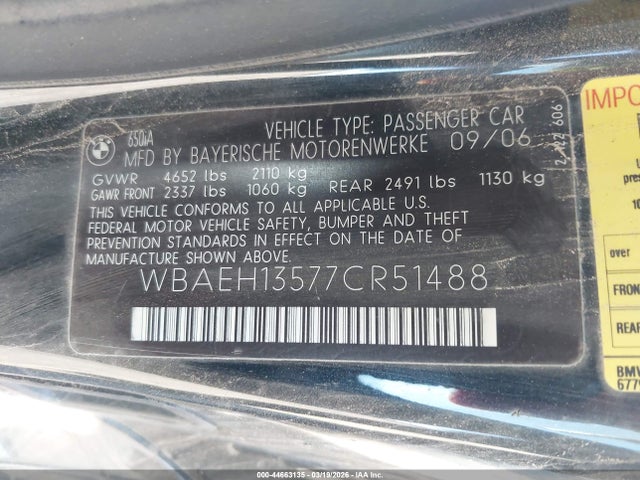 2007 Bmw 650i მანქანა იყიდება აუქციონზე, vin: WBAEH13577CR51488, აუქციონის ნომერი: 44663135