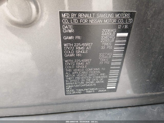 44663146 :رقم المزاد ، KNMAT2MT0HP540575 vin ، 2017 Nissan Rogue S مزاد بيع