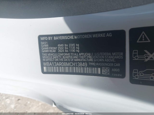 44663160 :رقم المزاد ، WBA13AR08MCH13849 vin ، 2021 Bmw M440i Xdrive مزاد بيع