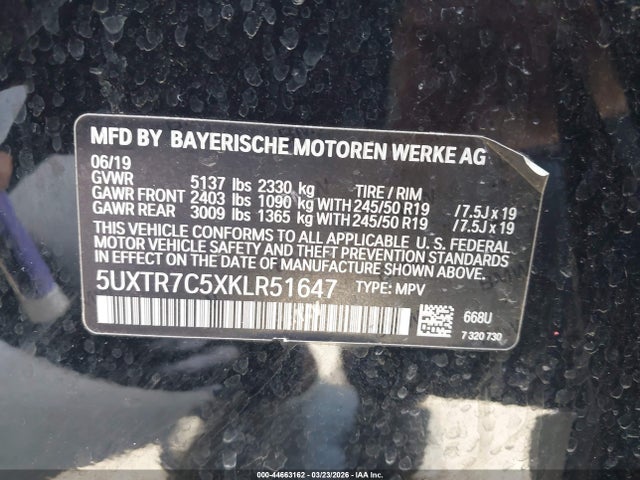 44663162 :رقم المزاد ، 5UXTR7C5XKLR51647 vin ، 2019 Bmw X3 Sdrive30i مزاد بيع