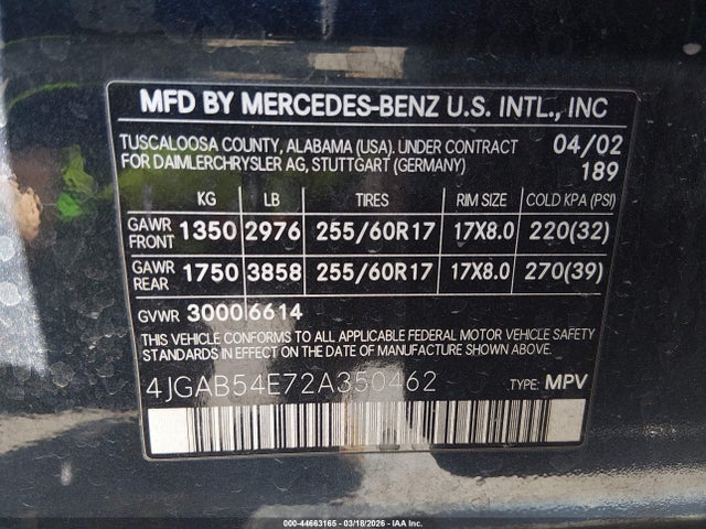 Продажа на аукционе авто 2002 Mercedes-benz Ml 320, vin: 4JGAB54E72A350462, номер лота: 44663165