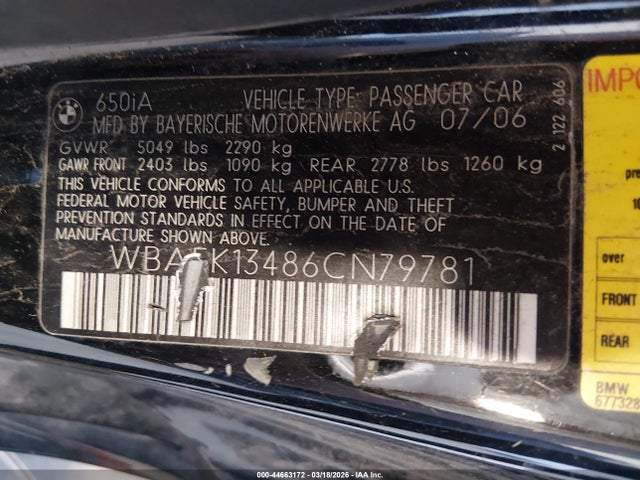 2006 BMW 650I WBAEK13486CN79781 Photo 8