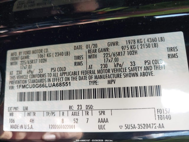 2020 Ford Escape Se მანქანა იყიდება აუქციონზე, vin: 1FMCU0G66LUA68551, აუქციონის ნომერი: 44663187