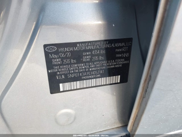 44663191 :رقم المزاد ، 5NPEF4JA9LH052141 vin ، 2020 Hyundai Sonata Sel مزاد بيع