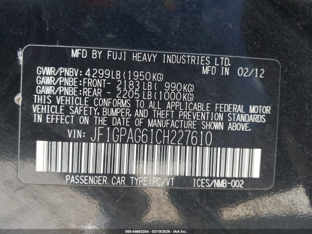 Aukcja sprzedaży 2012 Subaru Impreza 2.0i Limited, vin: JF1GPAG61CH227610, numer aukcji: 44663204