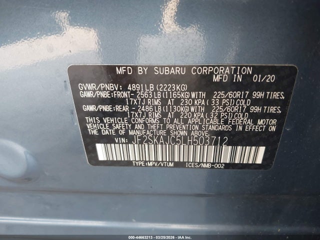 2020 Subaru Forester Premium მანქანა იყიდება აუქციონზე, vin: JF2SKAJC5LH503712, აუქციონის ნომერი: 44663213