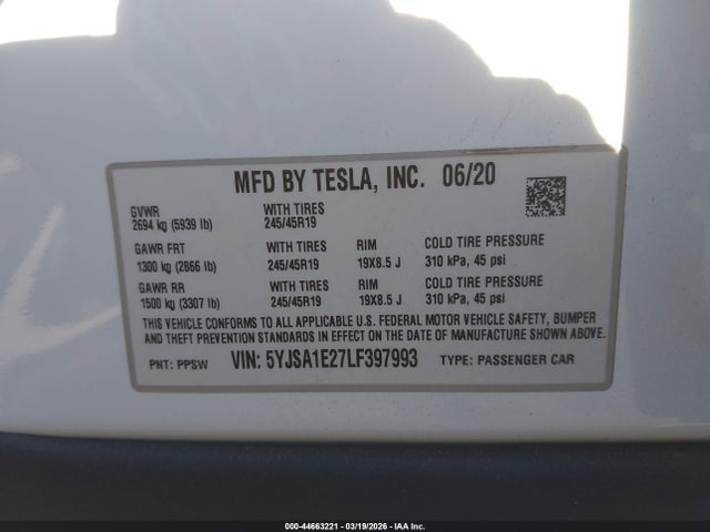 Aukcja sprzedaży 2020 Tesla Model S, vin: 5YJSA1E27LF397993, numer aukcji: 44663221