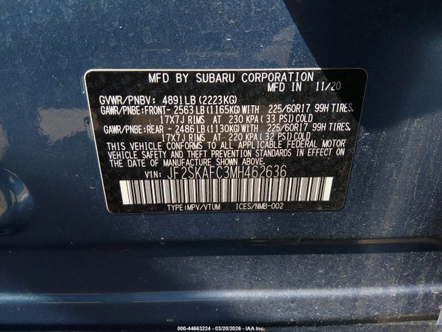Aukcja sprzedaży 2021 Subaru Forester Premium, vin: JF2SKAFC3MH462636, numer aukcji: 44663224