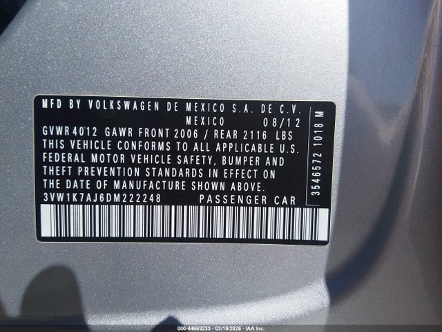 Продаж на аукціоні авто 2013 Volkswagen Jetta 2.0l S, vin: 3VW1K7AJ6DM222248, номер лоту: 44663233
