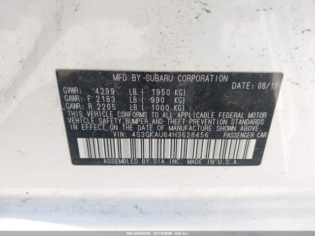 Aukcja sprzedaży 2017 Subaru Impreza 2.0i Limited, vin: 4S3GKAU64H3628456, numer aukcji: 44663238