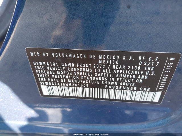 Продажа на аукционе авто 2017 Volkswagen Jetta 1.4t Se, vin: 3VWB67AJ6HM361505, номер лота: 44663239