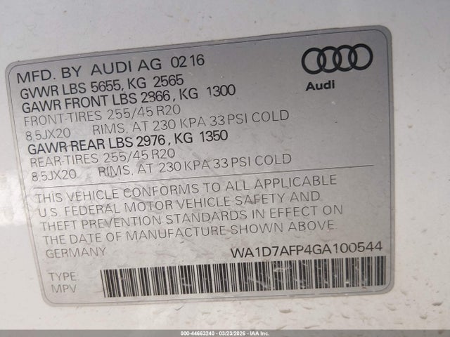 2016 Audi Q5 3.0t Premium Plus მანქანა იყიდება აუქციონზე, vin: WA1D7AFP4GA100544, აუქციონის ნომერი: 44663240