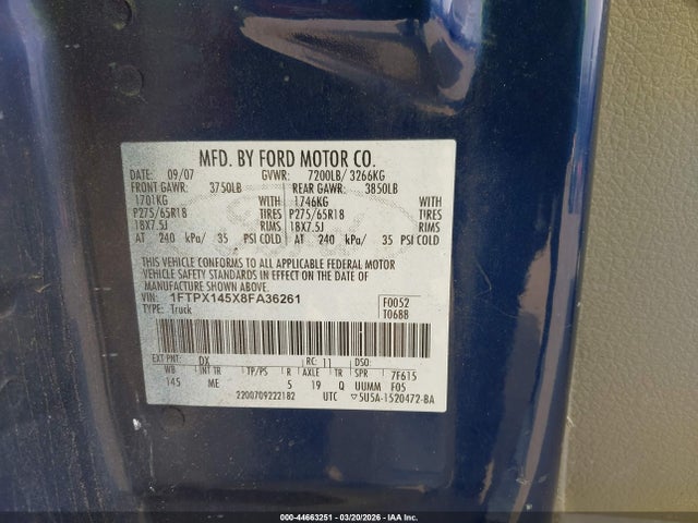 2008 Ford F-150 Fx4/lariat/xl/xlt მანქანა იყიდება აუქციონზე, vin: 1FTPX145X8FA36261, აუქციონის ნომერი: 44663251