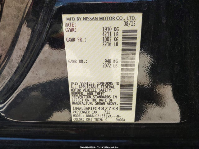 Продажа на аукционе авто 2015 Nissan Altima 2.5 S, vin: 1N4AL3AP1FC487733, номер лота: 44663259