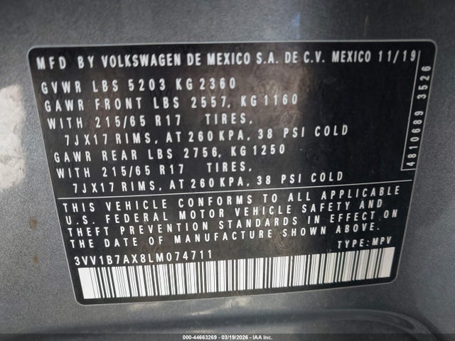 2020 Volkswagen Tiguan 2.0t S მანქანა იყიდება აუქციონზე, vin: 3VV1B7AX8LM074711, აუქციონის ნომერი: 44663269