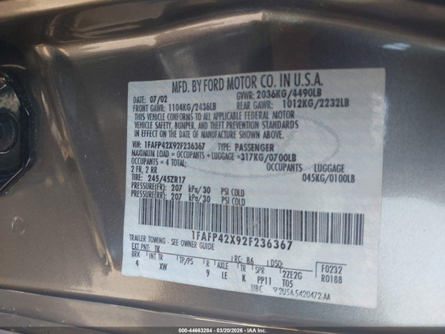 2002 Ford Mustang Gt მანქანა იყიდება აუქციონზე, vin: 1FAFP42X92F236367, აუქციონის ნომერი: 44663284