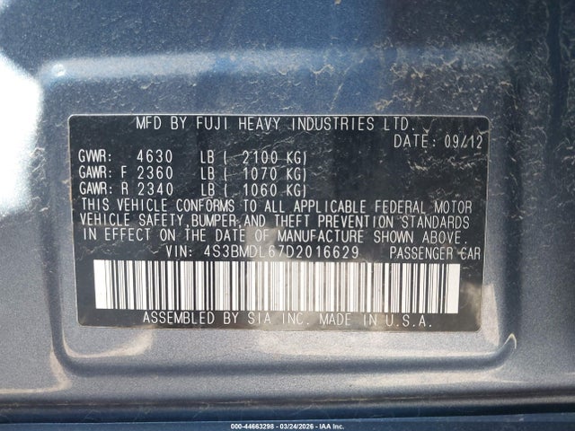 44663298 :رقم المزاد ، 4S3BMDL67D2016629 vin ، 2013 Subaru Legacy 3.6r Limited مزاد بيع