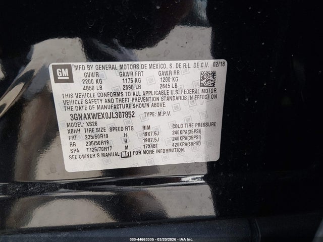 Aukcja sprzedaży 2018 Chevrolet Equinox Premier, vin: 3GNAXWEX0JL307852, numer aukcji: 44663305