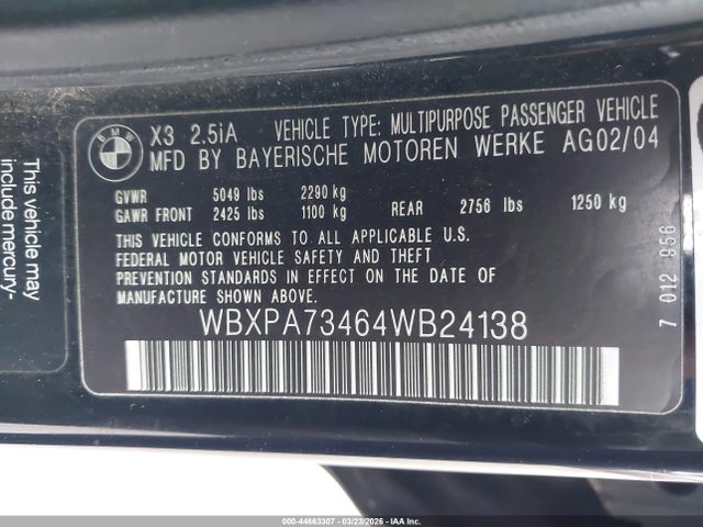 2004 Bmw X3 2.5i მანქანა იყიდება აუქციონზე, vin: WBXPA73464WB24138, აუქციონის ნომერი: 44663307