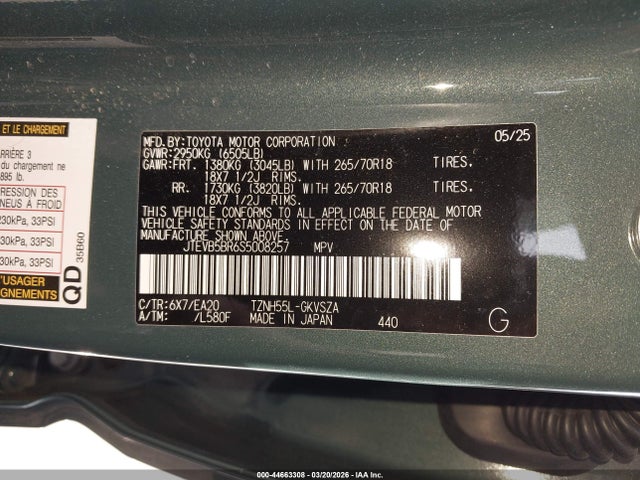 Продажа на аукционе авто 2025 Toyota 4runner Hybrid Trd Off Road Premium, vin: JTEVB5BR6S5008257, номер лота: 44663308
